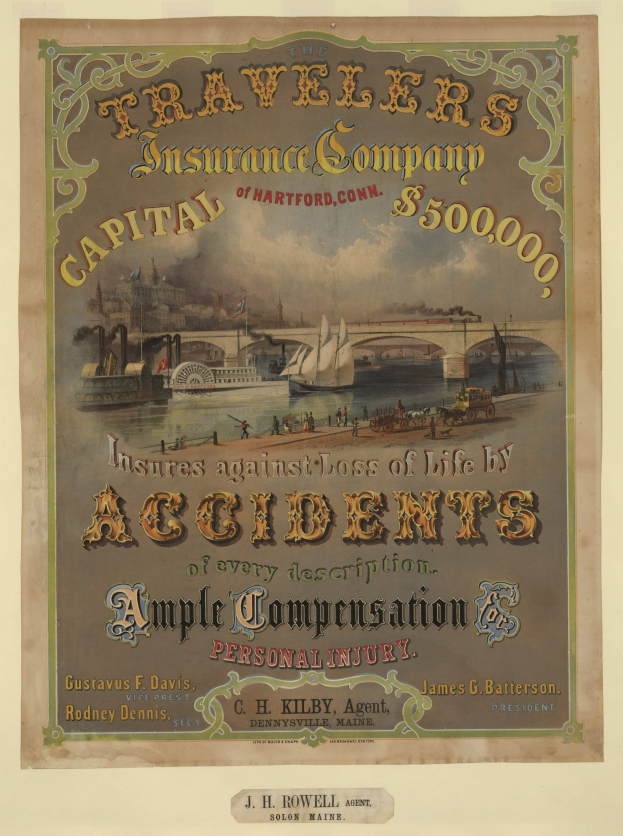 Werbeposter für die Traveler's Insurance Company of Hartford, Connecticut, mit Booten, einer Brücke und Gebäuden sowie Werbetext.