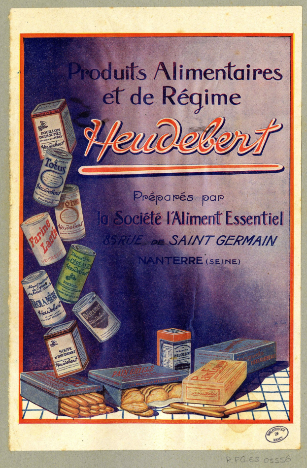 Plakat mit der Aufschrift "Heidelberg - Produkte Alimentaires et de Régime Heidelberg" zeigt verschiedene Lebensmittel und Verpackungen.
