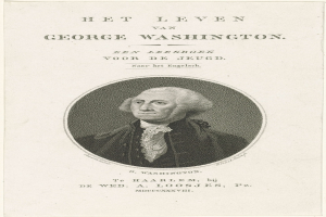 Porträt von George Washington auf Papier mit Text, frontal mit ernstem Gesichtsausdruck, trägt Anzug und Krawatte, markante Nase und Kinn, zurückgekämmtes Haar.