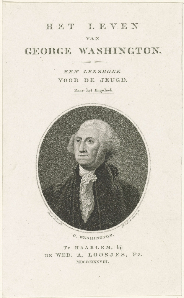 Porträt von George Washington auf Papier mit Text, frontal mit ernstem Gesichtsausdruck, trägt Anzug und Krawatte, markante Nase und Kinn, zurückgekämmtes Haar.
