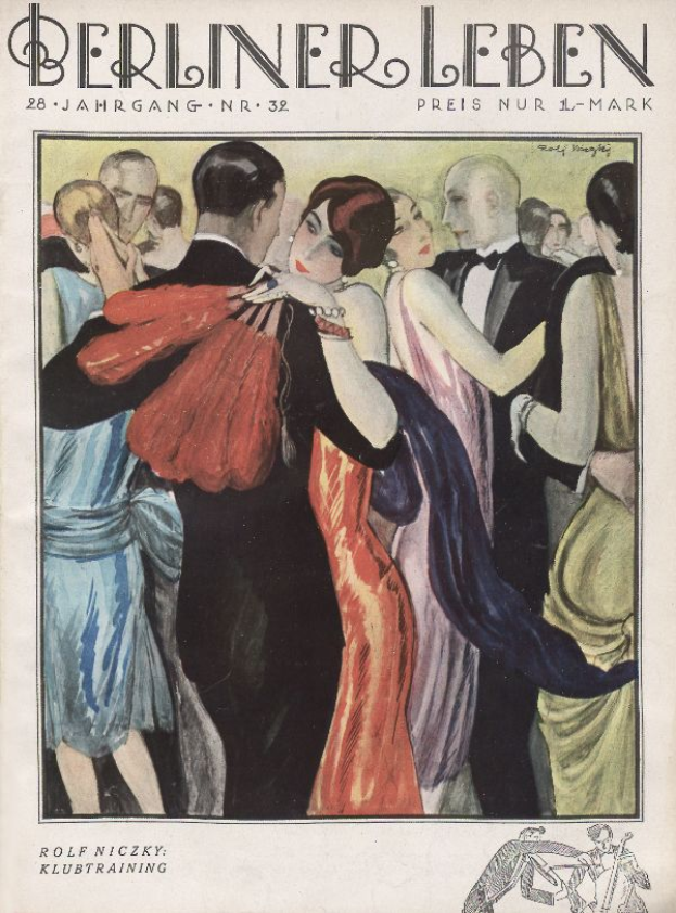 Ein Magazin-Cover mit einem Gemälde eines tanzenden Mannes und einer Frau, wobei der Mann einen Anzug trägt und die Frau ein Kleid, betitelt mit 'Berliner Leben' und einem Logo unten.