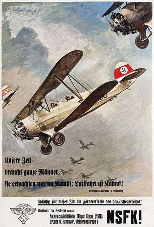 Deutsches Weltkriegs-Propagandaplakat mit einer Formation von Kampfflugzeugen im Flug mit Text, der ihre Fähigkeiten hervorhebt.