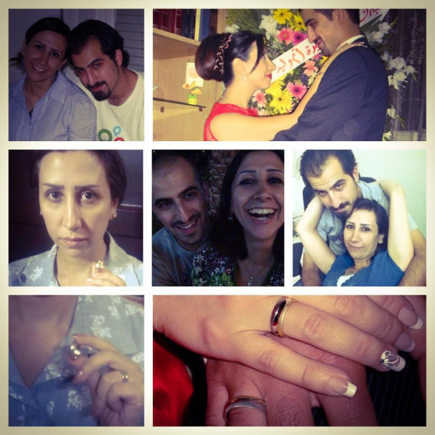 Eine Collage von Fotos, die einen Mann und eine Frau in Eheringen zeigen, umgeben von Blumenschmuck und diversen Hintergrundgegenständen.