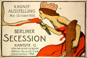 Plakat der Berliner Secession von 1900 mit einer Frau in rotem Kleid, die ein Objekt hält, und Text mit Veranstaltungseinzelheiten