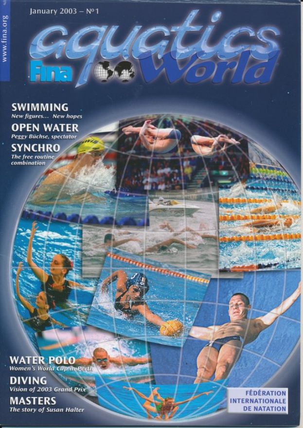 Titelbild der Januarausgabe 2003 der Aquatics FINA World Zeitschrift, das synchronisierte Schwimmer in Bewegung unter einem hellblauen Himmel zeigt, mit dem Zeitschriften-Titel in fetter weißer Schrift oben.
