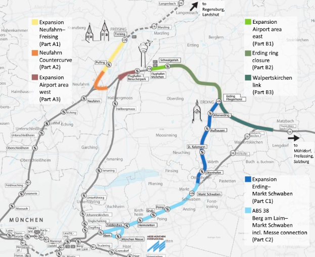 Eine detaillierte Karte einer Stadt mit einer hervorgehobenen Zugroute von München nach Frankfurt, einschließlich Haltestellen und umliegender Gebiete, mit zusätzlichen Zuginformationen.