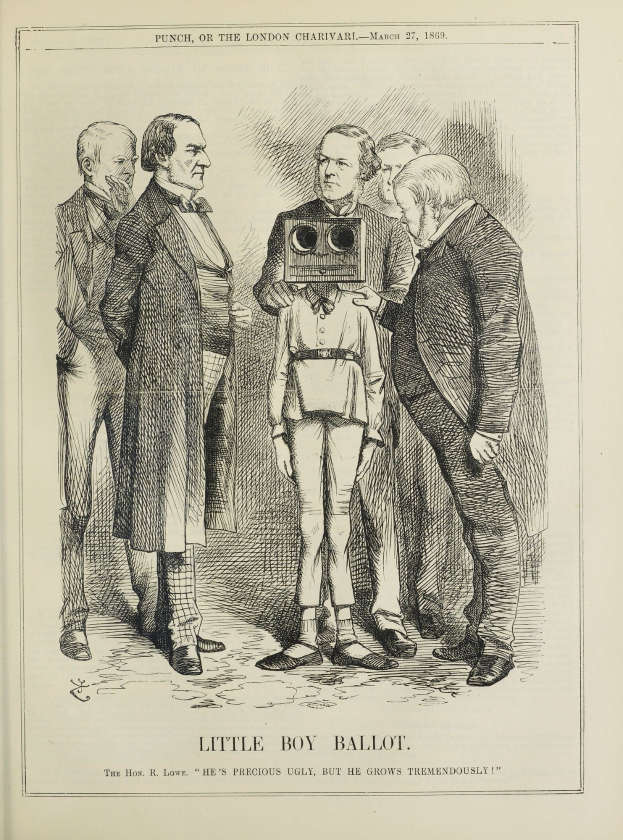 Zeichnung eines kleinen Jungen mit einer Kamera in der Mitte, umgeben von einer Gruppe von Menschen, mit dem Text "Kleiner Junge Stimmzettel" unten.