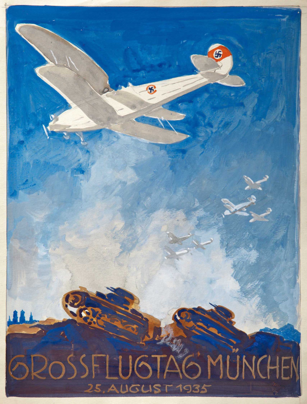 Plakat, das den "Großflugtag München" am 25. August 1935 ankündigt, mit Flugzeugen am Himmel und zusätzlichen Flugzeugen im Hintergrund.
