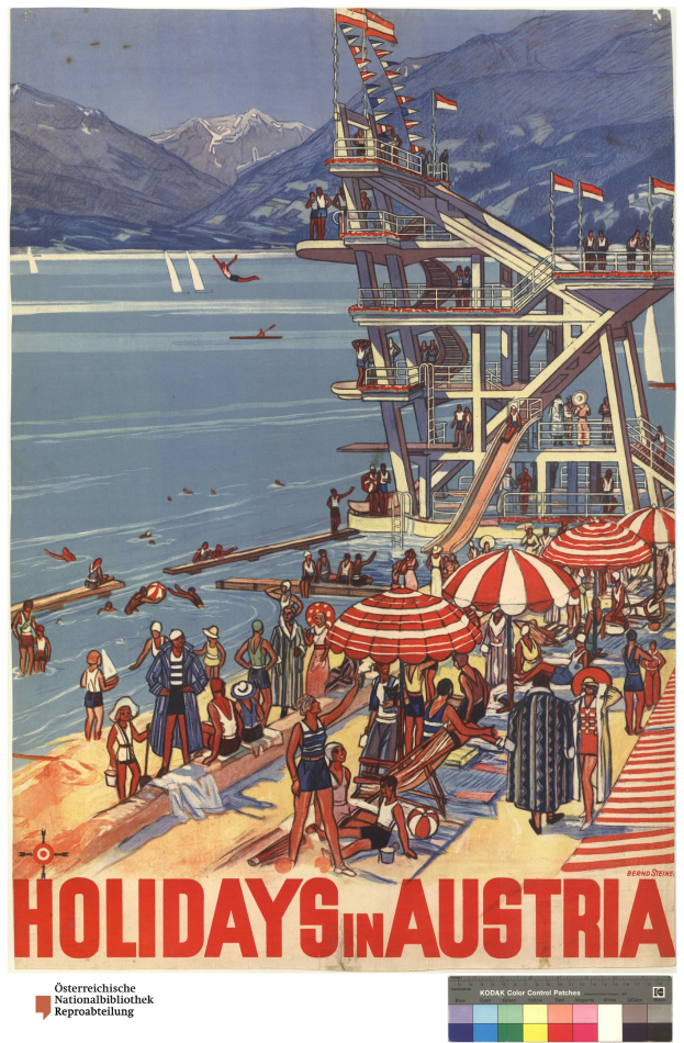 Plakat, das Urlaube in Österreich bewirbt, zeigt Menschen am Strand mit Schirmen, ein Schiff im Hintergrund, Flaggen, entfernte Berge und Text.