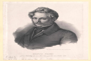 Schwarzes und weißes Porträt von Ernst Frühls, einem deutschen Komponist und Pianisten, der einen Anzug trägt und einen Schnurrbart hat, mit ernster Miene und deutscher Schrift am unteren Rand.