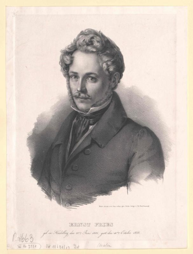 Schwarzes und weißes Porträt von Ernst Frühls, einem deutschen Komponist und Pianisten, der einen Anzug trägt und einen Schnurrbart hat, mit ernster Miene und deutscher Schrift am unteren Rand.