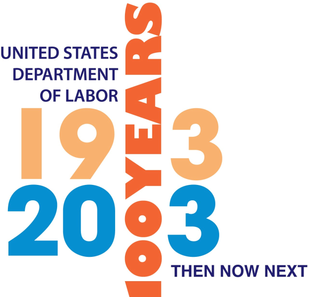 Das Logo des United States Department of Labor, das einen blauen Kreis mit einem weißen Stern zeigt, ist über dem Text "1933 dann jetzt nächsten" in fetter schwarzer Schrift zu sehen.