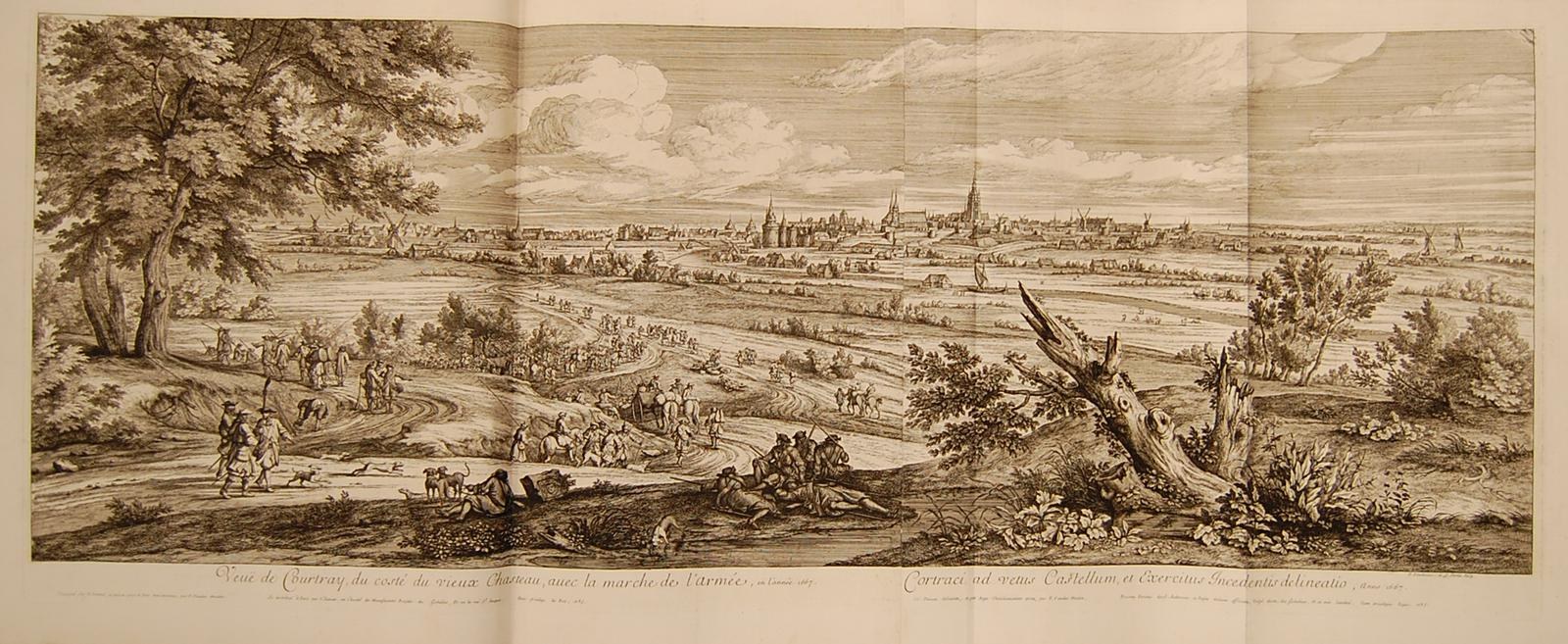 Offenes Buch mit der Aufschrift 'Ansicht der Schlacht von Castellum und Castellium aus der Illustrated London News', das eine detaillierte Landschaftsillustration mit einer Gruppe von Menschen im Vordergrund, Bäumen, Pflanzen, Gebäuden und Wolken am Himmel zeigt.