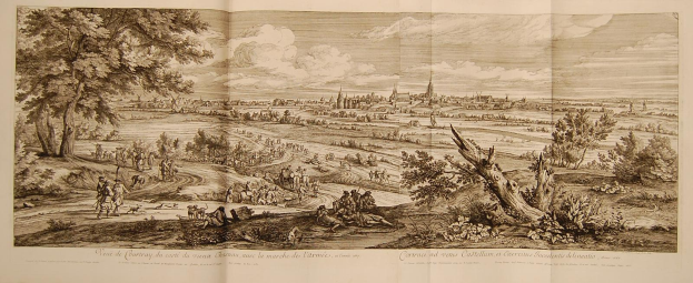 Offenes Buch mit der Aufschrift 'Ansicht der Schlacht von Castellum und Castellium aus der Illustrated London News', das eine detaillierte Landschaftsillustration mit einer Gruppe von Menschen im Vordergrund, Bäumen, Pflanzen, Gebäuden und Wolken am Himmel zeigt.