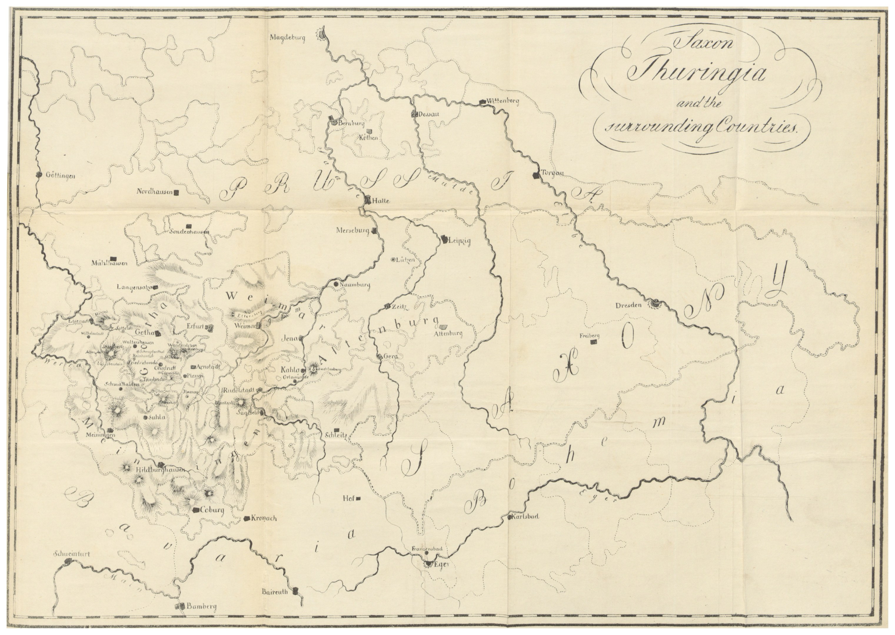 Eine Papierkarte des Königreichs Thüringen und umliegender Länder mit Grenzen und Text, der Regionen beschreibt.