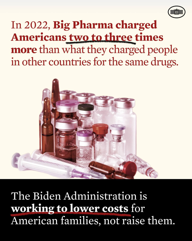Plakat, das zeigt, dass Big Pharma 2022 Amerikaner für dieselben Medikamente zwei bis drei Mal so viel berechnet hat wie in anderen Ländern, mit Bildern von Medikamentenflaschen und einer Spritze.