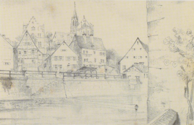 Ein Bleistift-Zeichnung mit dem Titel "Nürnberg, Deutschland" von Joseph Mallord William Turner, die eine Stadtansicht mit einem Fluss, Gebäuden, Bäumen und einer Brücke zeigt.