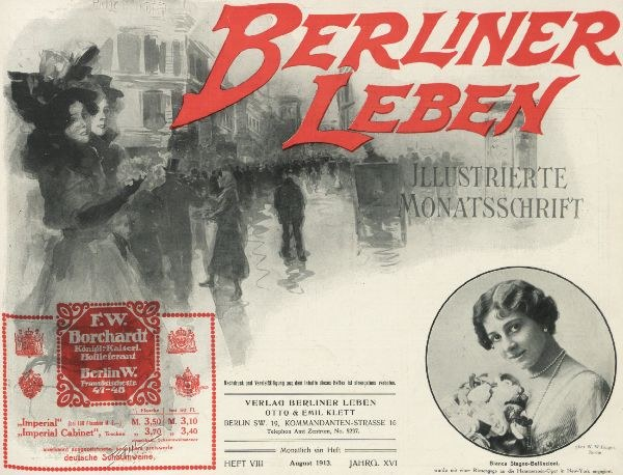 Werbung für den Berliner Leben Film, der eine Gruppe von Menschen vor einem Gebäude zeigt, mit Text, der den Film und seine Charaktere beschreibt.