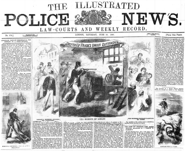 Titelseite der Illustrated Police News von 1867 mit einer zentralen Schwarz-Weiß-Illustration einer Gruppe von Menschen, dem Titel "Police News" und einem Logo oben.