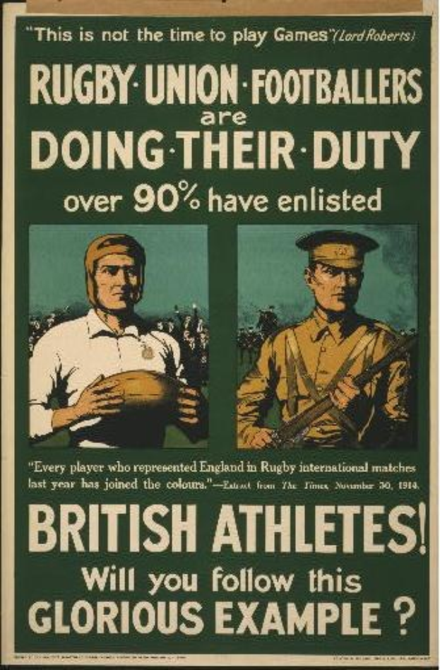 Plakat mit zwei Rugbyspielern in Uniform, Text besagt über 90% der britischen Athleten sind eingezogen.