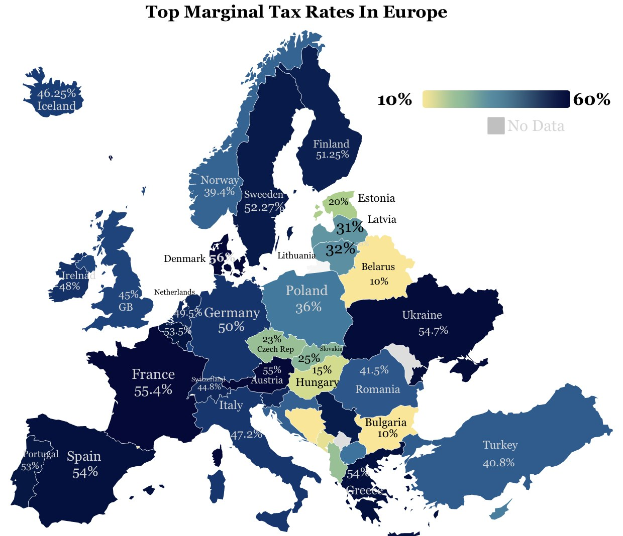 Eine Karte von Europa, die die höchsten Grenzsteuersätze nach Land zeigt, mit einer überschrift, die 'Top Marginal Tax Rates in Europe' lautet.
