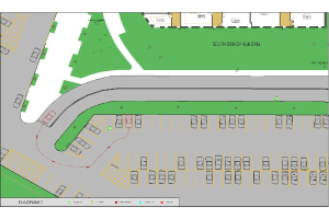 Grundriss eines neuen Parkplatzes an einer Straßecke, der parkende Fahrzeuge, Gras und Standorttext zeigt.