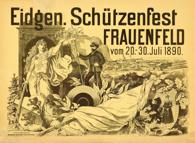 Plakat für das Eidgenössische Schützenfest in Frauenfeld, Deutschland, mit einem Mann im Anzug und einer Frau im Kleid sowie Veranstaltungstext