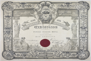 Altes Zertifikat mit rotem Wachssiegel, verziert mit Text und Bildern im klassischen Stil.