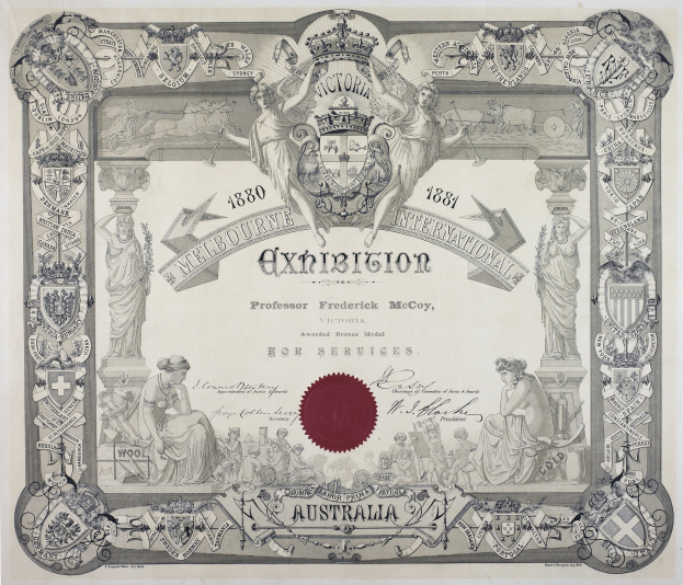 Altes Zertifikat mit rotem Wachssiegel, verziert mit Text und Bildern im klassischen Stil.