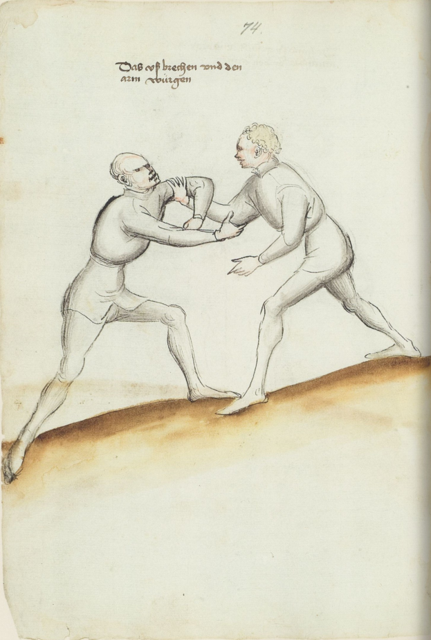 Zwei Männer streiten sich, wobei einer einen Schlag auf den anderen wirft, der auf einem Blatt Papier mit Text steht, der die Szene beschreibt.