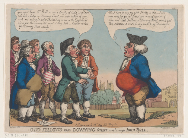 Cartoon darstellend eine Gruppe von Menschen vor einem Gebäude, Bäumen und einem Himmel, mit Text unten lesend 'odd fellows from downing street complaining to John Bull'.