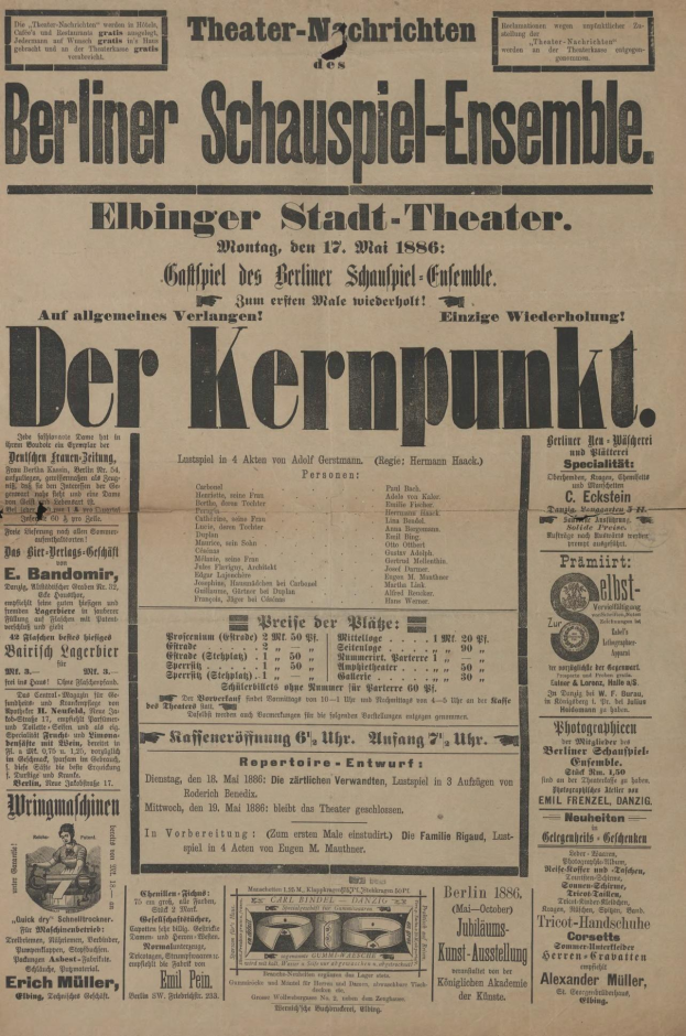 Schwarze-weiße Zeitungsanzeige für das Berliner Schauspiel-Ensemble mit einem Mann im Anzug und Krawatte, mit Text zur Beschreibung des Ereignisses.