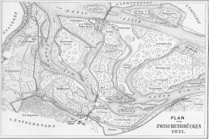 Schwarze und weiße Karte der Stadt Zwischenbrücken aus dem Jahr 1821, die detaillierte geographische und textuelle Informationen zeigt.