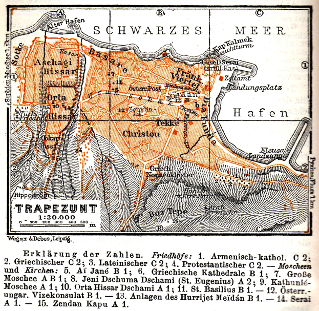 Ein detaillierter alter Stadtplan von Trapezunt, Deutschland, der Stra├čen, Geb├Ąude und Landmarken zeigt, mit begleitendem Text ├╝ber die Bev├Âlkerung, Stra├čen und Landmarken der Stadt.
