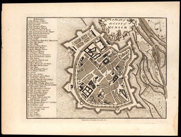 Ein alter Stadtplan von München, Deutschland auf schwarzem Hintergrund, der Straßen, Gebäude und Sehenswürdigkeiten mit beschrifteten Texten zeigt.
