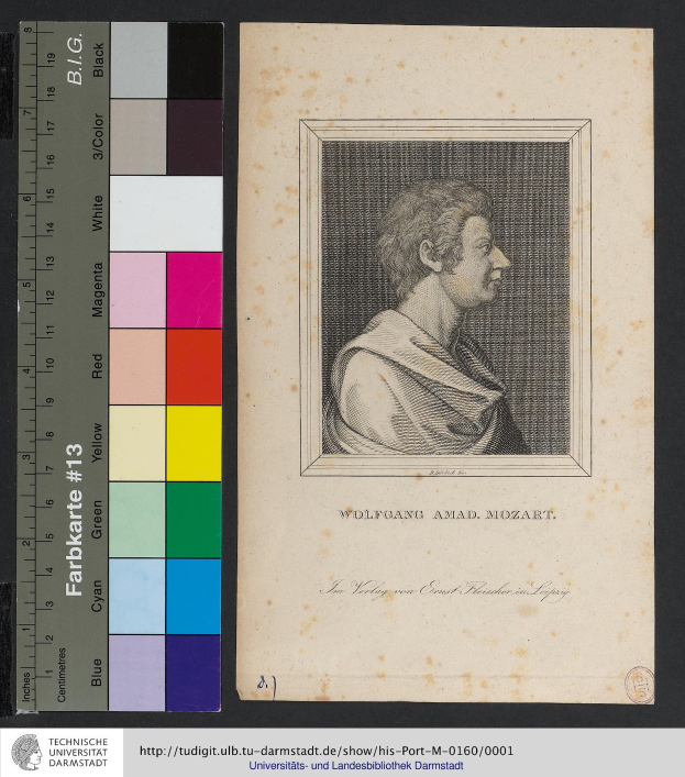 Porträt von Wolfgang Amadeus Mozart mit nachdenklicher Miene, dunklem kurzen Haar und direktem Blick auf den Betrachter, begleitet von einer Skala links und Text unten.