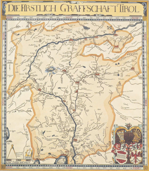 Ausführliches historisches Plakat der ersten Grafschaft Tirol-Karte, das geografische Merkmale wie Flüsse, Berge und Städte zeigt, mit begleitendem Text über die Region und ihre Einwohner.