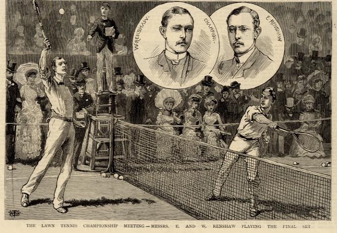 Schwarze und wei├če Zeichnung von zwei M├Ąnnern, die auf einem Court mit Netz und Zuschauern im Hintergrund Tennis spielen, mit der ├ťberschrift "The Lawn Tennis Championship Meeting - Messers, E and W Renshaw Playing the Final Set" unten.