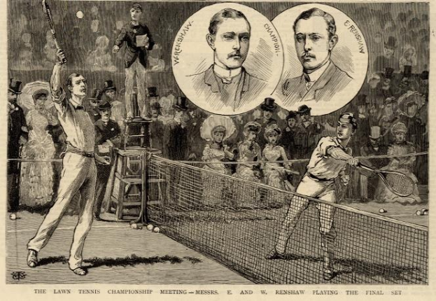 Schwarze und wei├če Zeichnung von zwei M├Ąnnern, die auf einem Court mit Netz und Zuschauern im Hintergrund Tennis spielen, mit der ├ťberschrift "The Lawn Tennis Championship Meeting - Messers, E and W Renshaw Playing the Final Set" unten.
