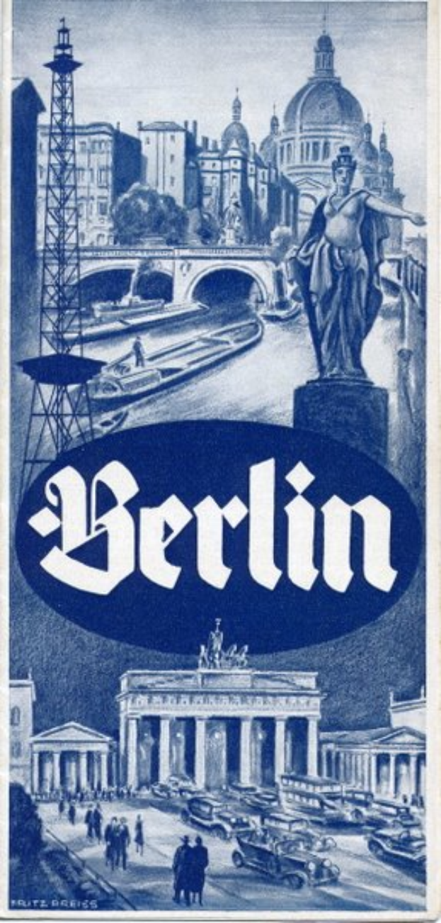 Ein Plakat, das Berlin, Deutschland bewirbt, mit einer Statue, Gebäuden, einem Turm, Menschen, Fahrzeugen auf der Straße und einer Brücke, mit Text, der Informationen über die Stadt enthält.