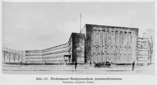 Schwarze und weiße Zeichnung eines Gebäudes mit einem davor geparkten Auto, umgeben von Bäumen und Menschen, mit Text unten lesend "Ritchenpauer-Realynmajum, Sammerfeinbahn, Berlin, Deutschland".