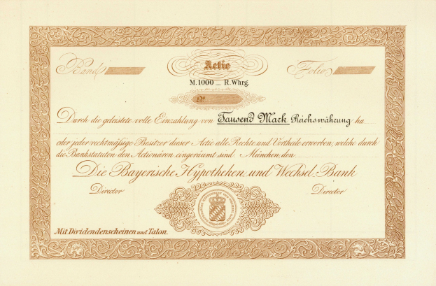 Alter Aktienchein mit goldenem Rand, der ein Porträt eines Mannes und Text zeigt, wahrscheinlich eine Anleihe.