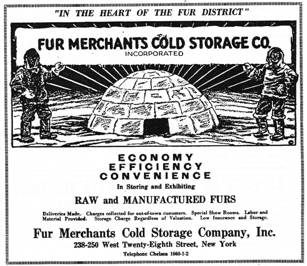 Werbung für Fur Merchants Cold Storage Company, Inc. mit zwei Personen vor einer igluähnlichen Struktur mit Text, der die Dienstleistungen des Unternehmens beschreibt.