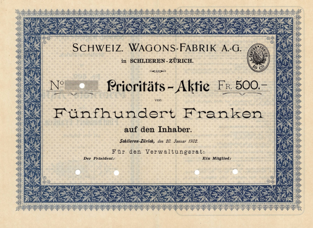Alter deutscher Aktienschein mit blauem Rand, beschriftet mit "Schweiz Wagons-Fabrik A.G."