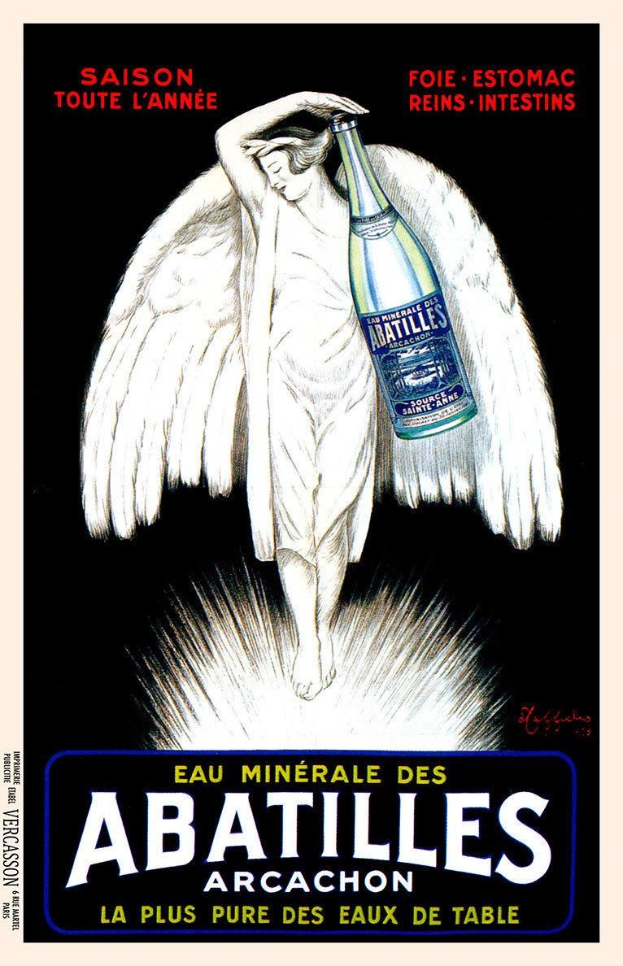 Vintage French advertising poster for Abatilles Arcachon featuring a winged woman holding a bottle of sparkling mineral water with promotional text.