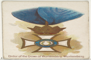 Plakat mit dem Logo "Kronenorden des Königreichs Württemberg", einer blauen und goldenen Krone mit einer goldenen Umrandung und fetter schwarzer Schrift.