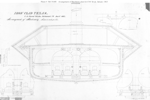 Ausführliches technisches Zeichnung des Eisernen Texas-Dampfmaschine, die ihren Rumpf, Komponenten und Anmerkungen zeigt.