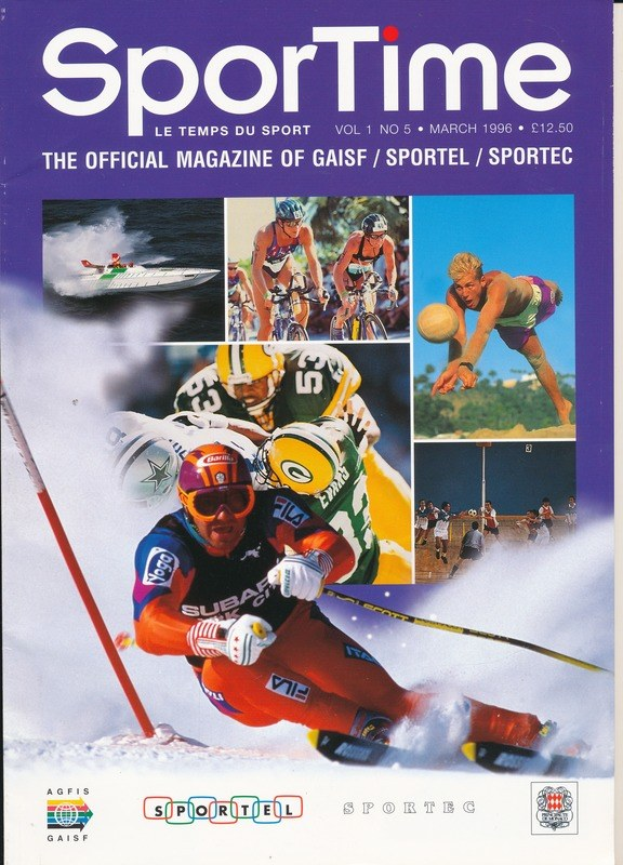 Titelbild von *Sporttime Magazine* (März 1996) mit Skifahren und Snowboarden, Text und Logos.