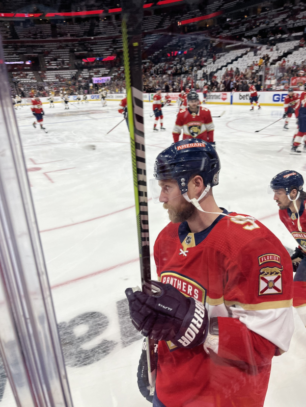 Gruppe von Hockey-Spielern mit Helmen und Handschuhen auf dem Eis mit Zuschauern in den Sitzreihen hinter Glaswand mit "Florida Panthers vs New Jersey Devils - 3/24/15 NHL Pick, Odds, and Prediction" Text.