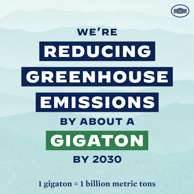Plakat mit der Aufschrift "Wir reduzieren die Treibhausgasemissionen um etwa eine Gigatonne bis 2030" mit Logo, das für eine signifikante Reduzierung der Treibhausgase bis 2030 wirbt.